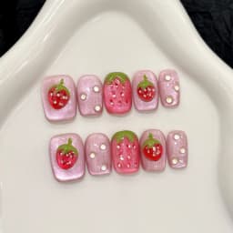 10pcs Handmade Press on Nails 3D Strawberry Decor Fake Nails for Girl Wearable Detachable Short Pink Cat Eye False Nail Tips