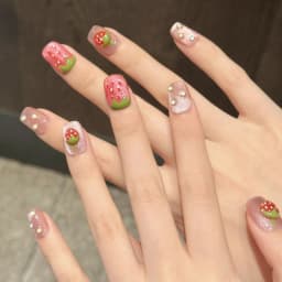 10pcs Handmade Press on Nails 3D Strawberry Decor Fake Nails for Girl Wearable Detachable Short Pink Cat Eye False Nail Tips