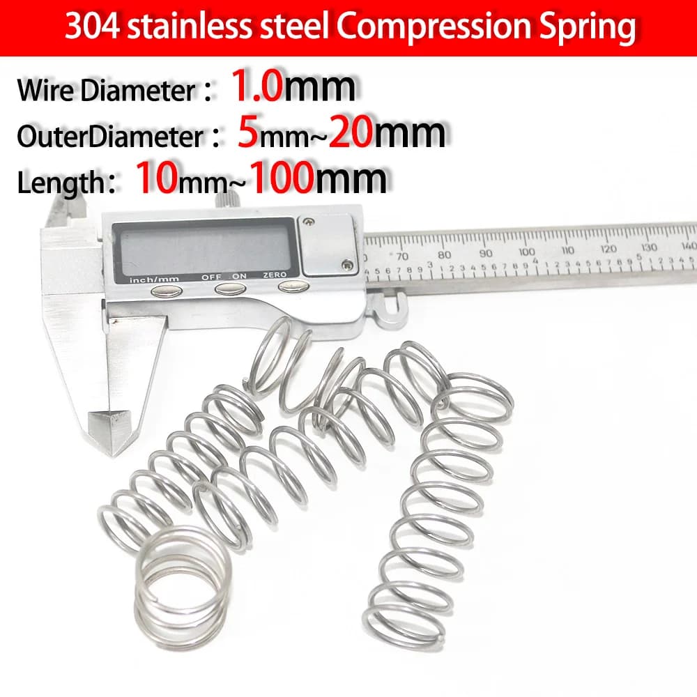 304Stainless Steel Compression Spring Return Spring Steel Wire Diameter 1.0mm Outside Diameter 5~20mm length 10mm to 100mm 10Pcs