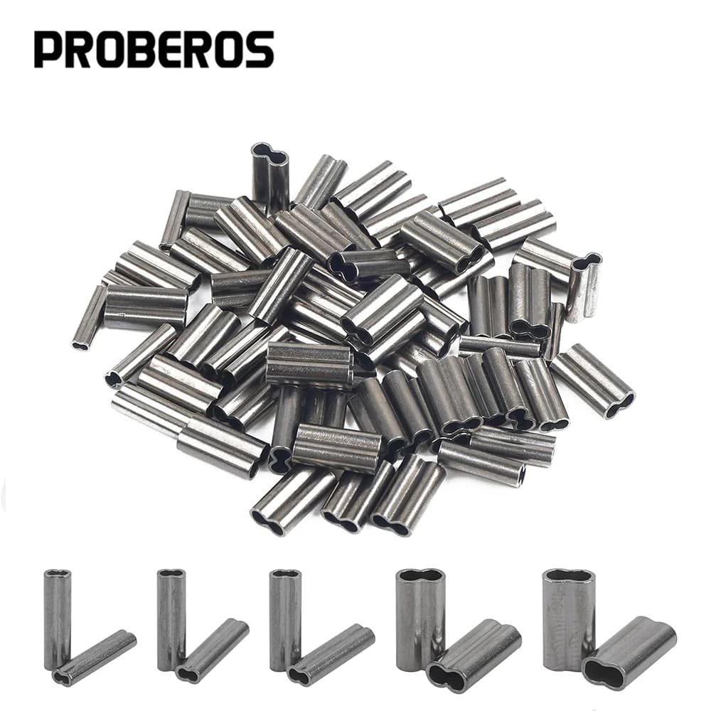 PRO BEROS 50Pcs Copper Double Barrel Crimp Sleeves Fishing Line Tube Connectors Crimping Loop for Leader Rigging Ferrule 0.8-2.0