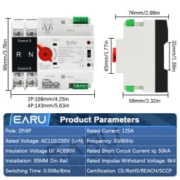 EARU ATS 2P 4P 125A AC 110V 230V Solar PV Dual Power Automatic Transfer Switch Electrical Selector Switch Uninterrupted Power