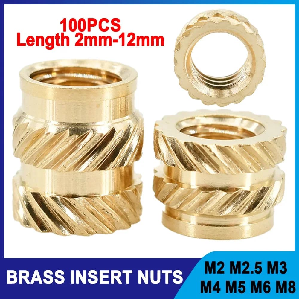 100Pcs Heat Brass Insert Nut M2 M2.5 M3 M4 M5 M6 M8 Double Knurled Hot Melt Threaded Inserts Nuts for 3d Printing Plastic Case