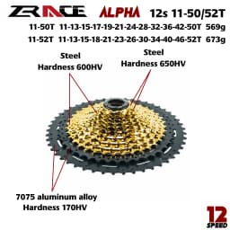ZRACE ALPHA Lightweight Cassette 10s 11s 12s MTB bike freewheel, HG / MS / XD freehub, 46T / 50T / 52T