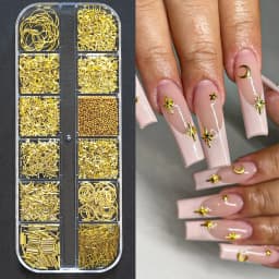 12Grids Moon Star Nails Gold Metallic Nail Sequins Charms 3D Nail Art Tips Decoration 3D Metal Moon Star Sun Bead Rivet Nail Je
