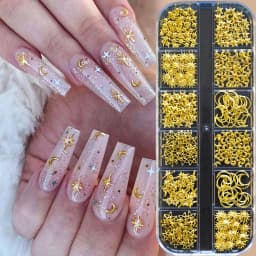 12Grids Moon Star Nails Gold Metallic Nail Sequins Charms 3D Nail Art Tips Decoration 3D Metal Moon Star Sun Bead Rivet Nail Je