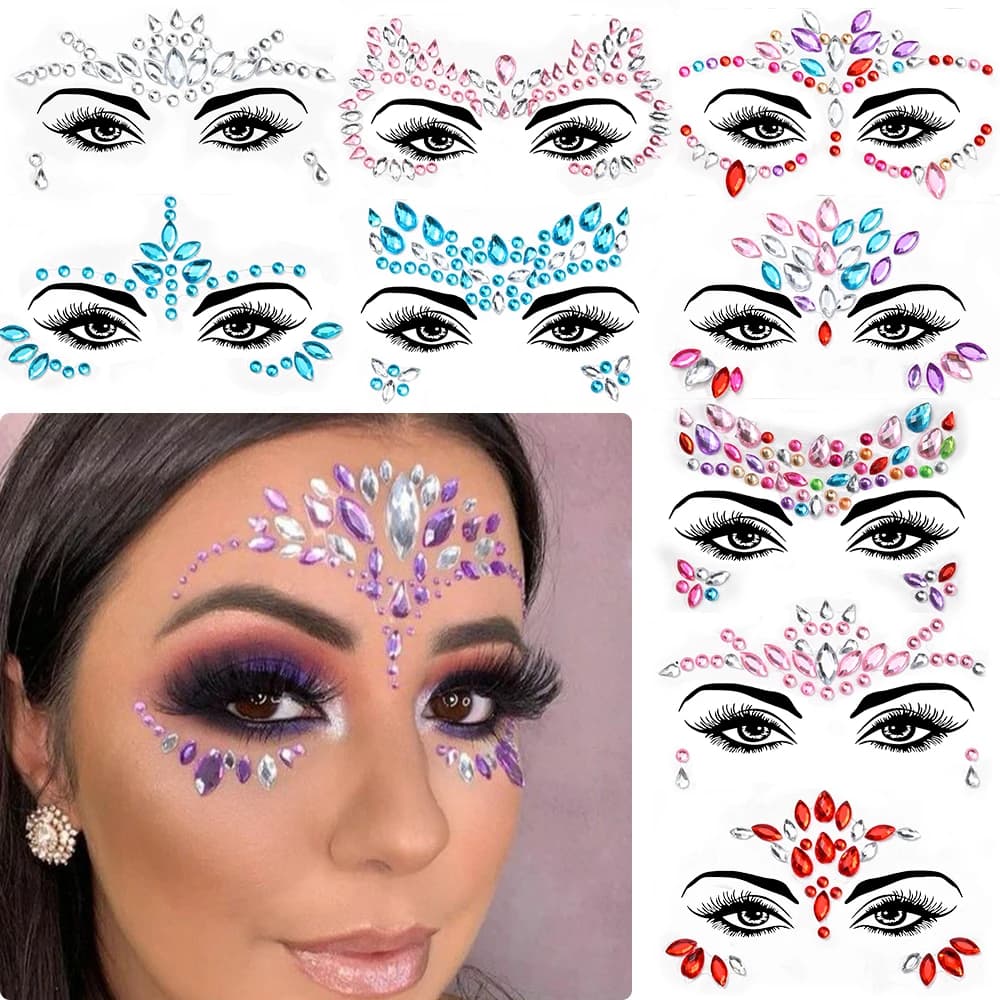 5Pcs Mermaid Face Jewels Gems Rhinestones Rave Eyes Body Temporary Sticker Crystal Face Stickers Decorations for Women & Girl **