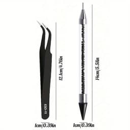 2Pcs set of manicure double-ended diamond pens with crayons stainless steel tweezers nail art grafting eyelashes manicure tools