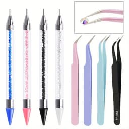 2Pcs set of manicure double-ended diamond pens with crayons stainless steel tweezers nail art grafting eyelashes manicure tools