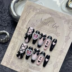 10pcs Handmade Pink Black Heart False Nails With 3D Bows Decor Y2k Press On Nails Long Ballerina Coffin Fake Nails For Hot Girl