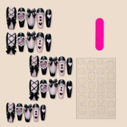 10pcs Handmade Pink Black Heart False Nails With 3D Bows Decor Y2k Press On Nails Long Ballerina Coffin Fake Nails For Hot Girl