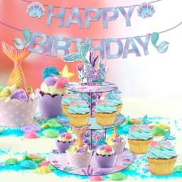 3 Layers Cartoon Mermaid Tail Theme Cake Stand Display DIY Cupcake Wrappers and Cake Topper Festival Birthday Party Cake Tray