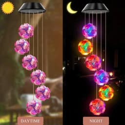 1pc Solar Powered Color Changing Pink Embroidered Ball Flower Wind Chime Light Waterproof Outdoor Night Light Hanging Solar Lamp