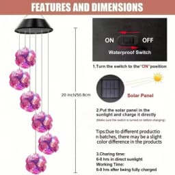 1pc Solar Powered Color Changing Pink Embroidered Ball Flower Wind Chime Light Waterproof Outdoor Night Light Hanging Solar Lamp