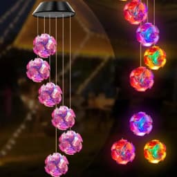 1pc Solar Powered Color Changing Pink Embroidered Ball Flower Wind Chime Light Waterproof Outdoor Night Light Hanging Solar Lamp