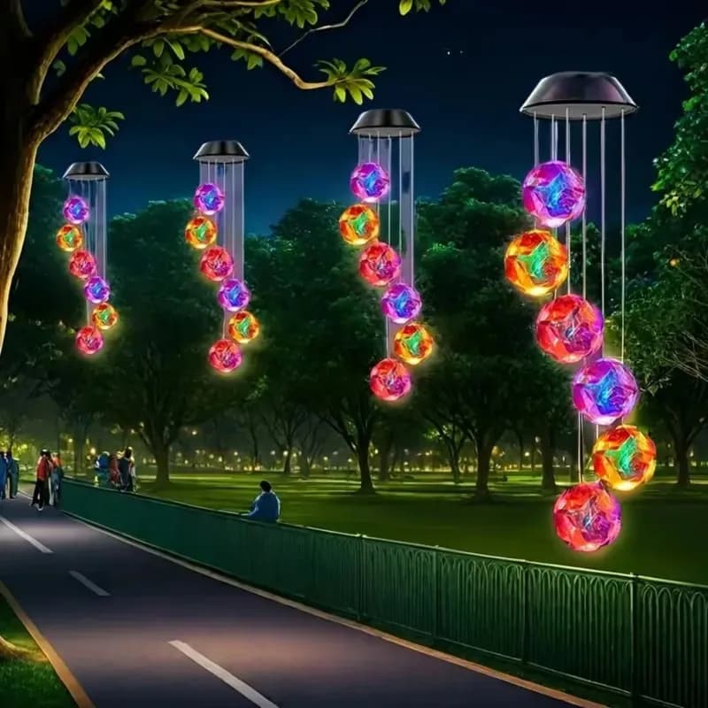 1pc Solar Powered Color Changing Pink Embroidered Ball Flower Wind Chime Light Waterproof Outdoor Night Light Hanging Solar Lamp