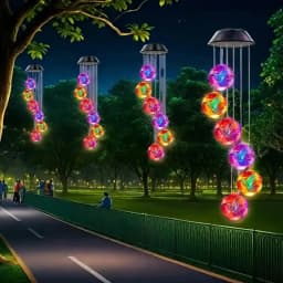 1pc Solar Powered Color Changing Pink Embroidered Ball Flower Wind Chime Light Waterproof Outdoor Night Light Hanging Solar Lamp