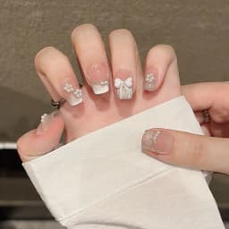 Handmade Press on Nails Sweet Bowknot Pearl Decor French Fake Nails for Women Girl Wearable Shiny Cat Eye Bride False Nail Tips