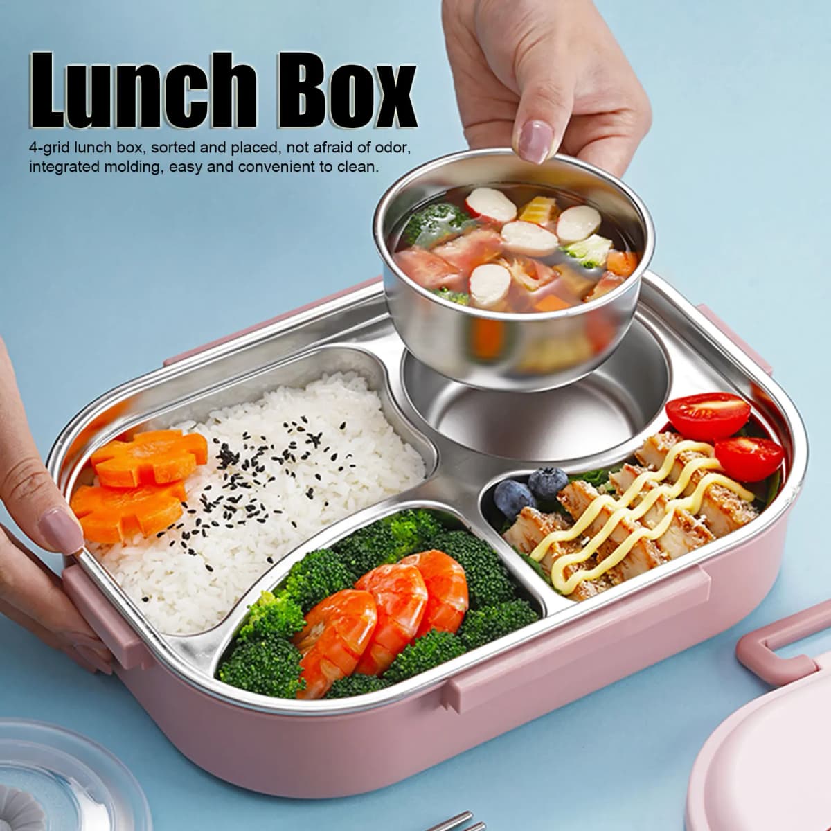 Food Storage Container Dinnerware Stainless Steel Lunch Box 4‑Grid Portable Bento Box Food Storage Container for Student Adult