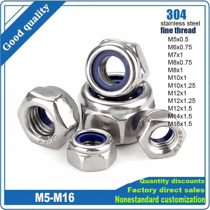 Fine Thread M5 M6 M7 M8 M10 M12 M14 M16 Pitch 0.5~1.5mm 304 Stainless Steel Nylon Insert Lock Nut Hexagon Self-locking Locknut