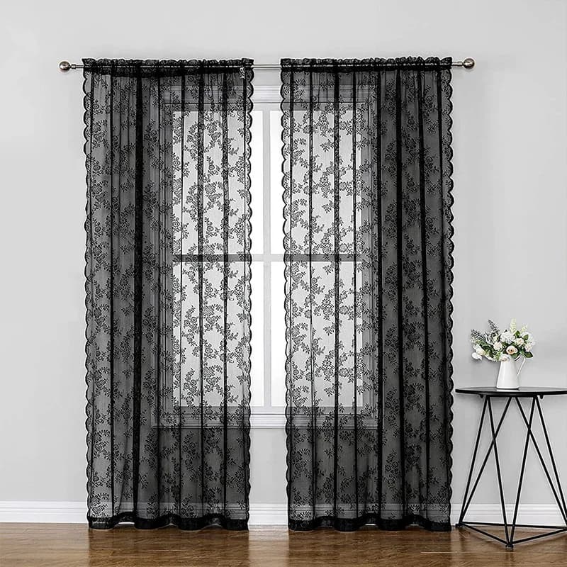 Black Floral Lace Curtains with Retro Style for Living Rooms, Bedrooms, and Party Decorations
