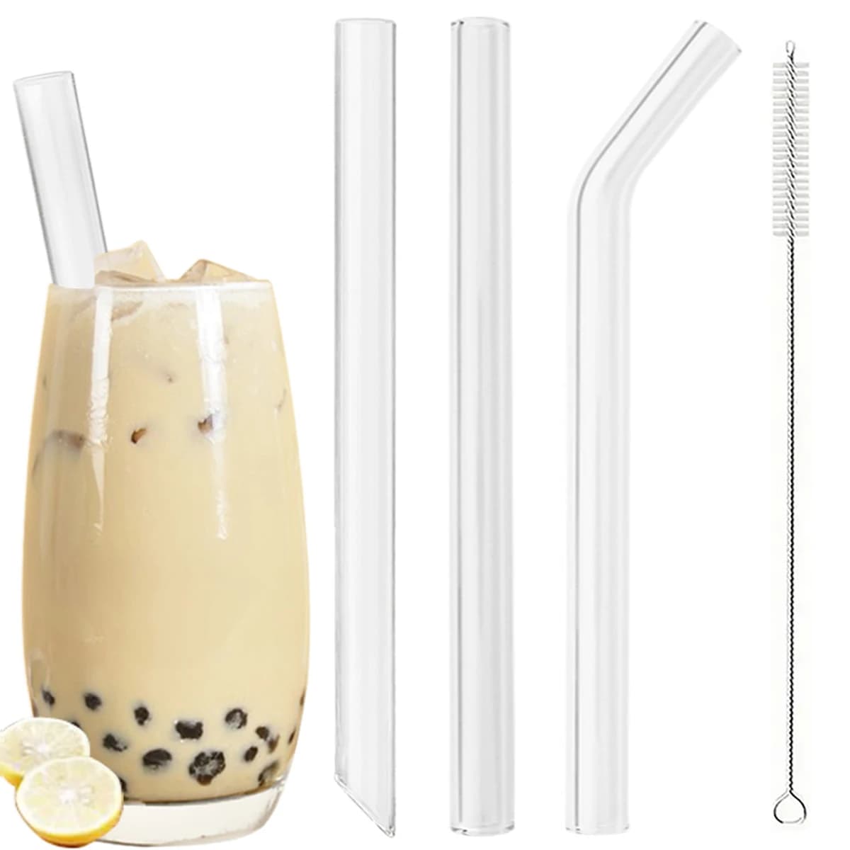 3pcs 14*200mm High Borosilicate Glass Straws Reusable Drinking Straw Set with Brush for Smoothies Bubble Tea Bar Accessories