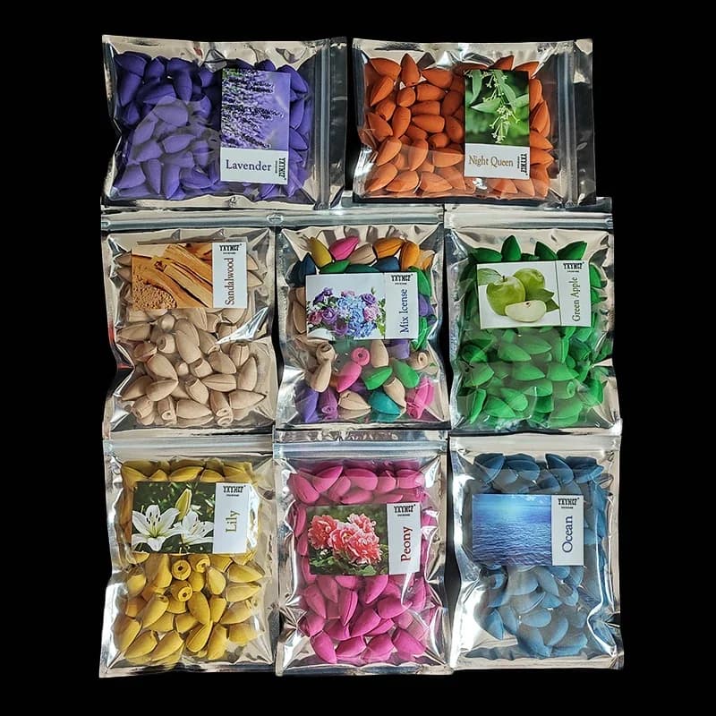 50pcs/bag Natural Backflow Incense Cones Sandalwood Lavender Mixed Scents for Home Waterfall Incense Smoke Reflux Tower Incense