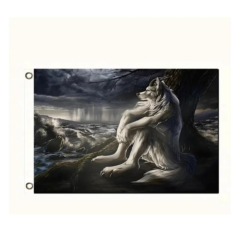 Emo White Wolf Sitting Meme Flag 3x5ft - Gothic Werewolf Flag Wall Hanging for Bedroom Living Room Decor Printed Polyester