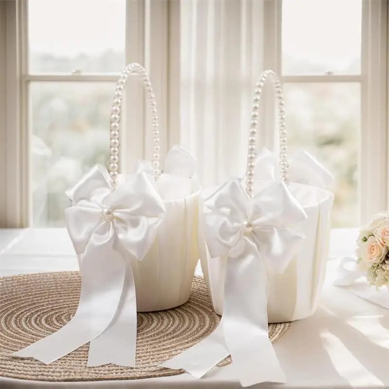 White Girls Flower Basket Silk Wedding Basket Flower Bride Girls Kids Hand Held Wedding Party Wedding Bridal Flower Basket