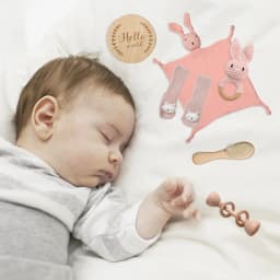 Let's Make Baby Bath Toy Set Double Sided Cotton Blankets Crochet Rattle Wooden Ring Infant Teether Bath Brush For Newborn Gift