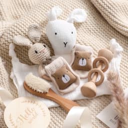 Let's Make Baby Bath Toy Set Double Sided Cotton Blankets Crochet Rattle Wooden Ring Infant Teether Bath Brush For Newborn Gift