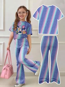 Girls 2-Piece K-Pop Outfit - Galaxy Print Character T-Shirt & Rainbow Star Flared Pants Set for Kids
