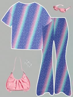 Girls 2-Piece K-Pop Outfit - Galaxy Print Character T-Shirt & Rainbow Star Flared Pants Set for Kids