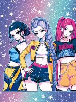 Girls 2-Piece K-Pop Outfit - Galaxy Print Character T-Shirt & Rainbow Star Flared Pants Set for Kids
