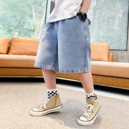 Teen Boys Denim Shorts 2026 New Summer Children Loose Wide Leg Knee Length Jean Pants Kid Casual Streetwear Elastic Waist Shorts