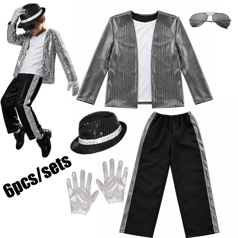 Kids Sequin Dance Costume 6Pcs Singer Performance Outfit Glitter Jacket Pants Hat Gloves Sunglasses Halloween Stage Cosplay Suit