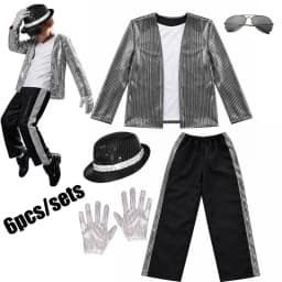 Kids Sequin Dance Costume 6Pcs Singer Performance Outfit Glitter Jacket Pants Hat Gloves Sunglasses Halloween Stage Cosplay Suit