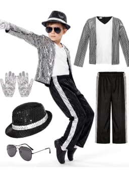 Kids Sequin Dance Costume 6Pcs Singer Performance Outfit Glitter Jacket Pants Hat Gloves Sunglasses Halloween Stage Cosplay Suit