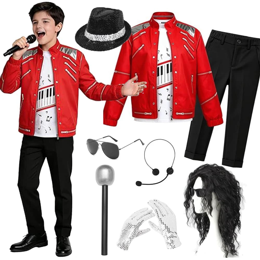 Kids Cosplay Dance Star Costume Set Red Printed 80s 90s Stage Party Outfit Boy Girl Clothing Children Moonwalk Costume