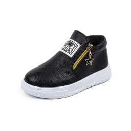 COMFY KIDS Kids' Black Lychee Pattern Faux Leather High-Top Sneakers, Side Zipper with Star Charm, Soft Elastic Rubber Sole Ligh
