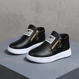 COMFY KIDS Kids' Black Lychee Pattern Faux Leather High-Top Sneakers, Side Zipper with Star Charm, Soft Elastic Rubber Sole Ligh