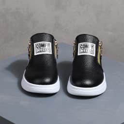 COMFY KIDS Kids' Black Lychee Pattern Faux Leather High-Top Sneakers, Side Zipper with Star Charm, Soft Elastic Rubber Sole Ligh