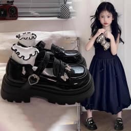 Girls Black Leather Shoes for Wedding Party School Opening Soft PU Bright Skin Kids Flats with Metal Butterfly Princess Sweet