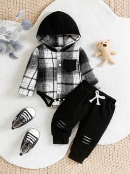 Children's Plaid Hooded Set Casual Cool Style Soft Skin-friendly Fabric Easy-to-wear Design with Hat And Hole Decoration