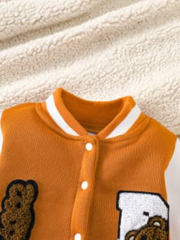 【Retro Baseball Style】Baby Boy Fleece-Lined Jumpsuit Caramel Orange Color Block Design + Heavy Embroidery + Bear and Penguin Pattern Baby Autumn/Winter Outfit