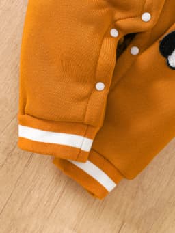 【Retro Baseball Style】Baby Boy Fleece-Lined Jumpsuit Caramel Orange Color Block Design + Heavy Embroidery + Bear and Penguin Pattern Baby Autumn/Winter Outfit