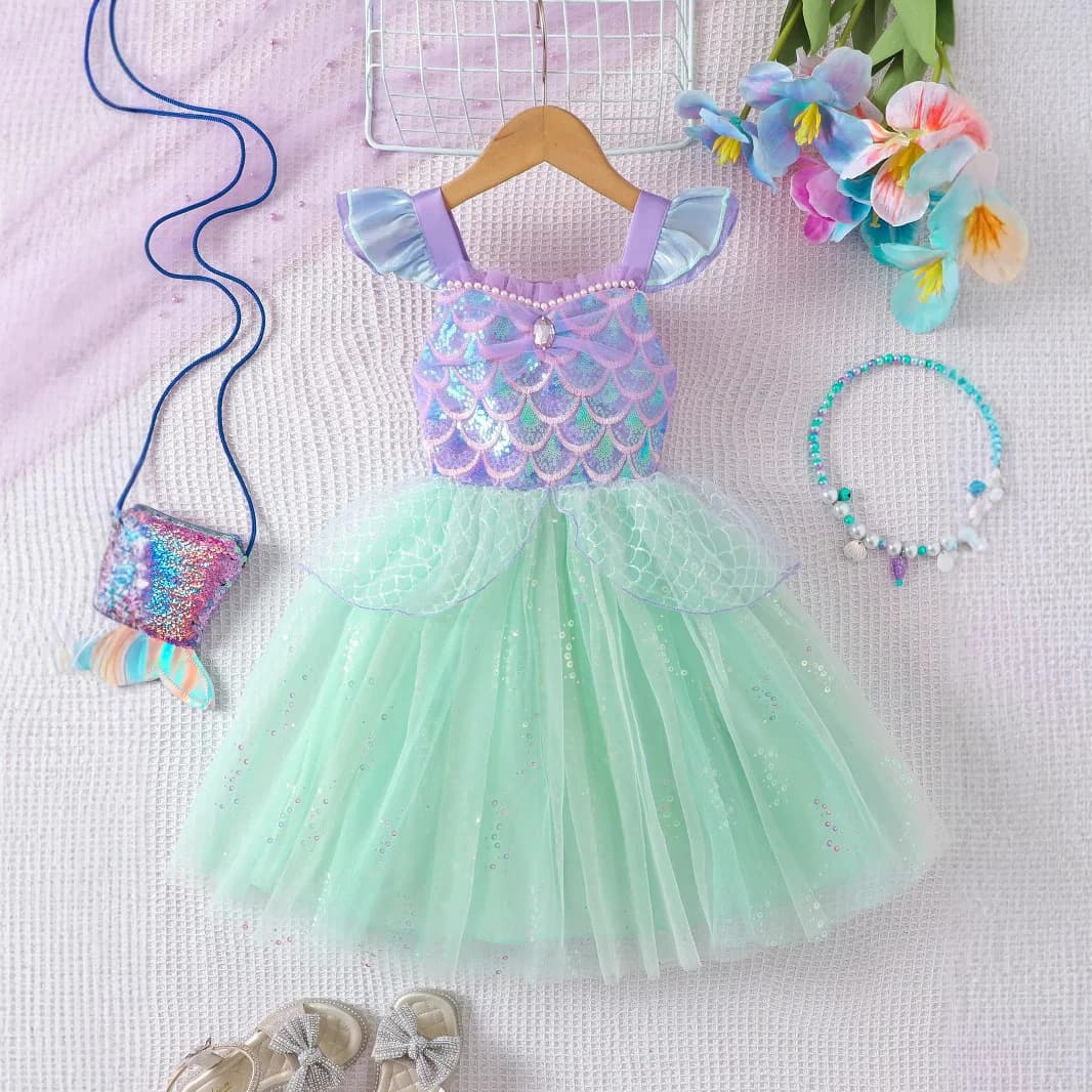 Kids Girls Mermaid Princess Fancy Costume Purple Green Tulle Dress for Carnival Birthday Halloween Cosplay Role‑Play Outfit