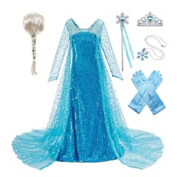 Girls Ice Snow Princess Sequin Gown Long Sheer Cape Sparkling Train for Carnival Birthday Stage Performance Dress-Up