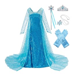 Girls Ice Snow Princess Sequin Gown Long Sheer Cape Sparkling Train for Carnival Birthday Stage Performance Dress-Up
