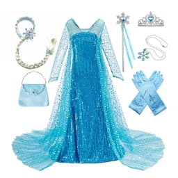 Girls Ice Snow Princess Sequin Gown Long Sheer Cape Sparkling Train for Carnival Birthday Stage Performance Dress-Up