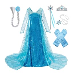 Girls Ice Snow Princess Sequin Gown Long Sheer Cape Sparkling Train for Carnival Birthday Stage Performance Dress-Up